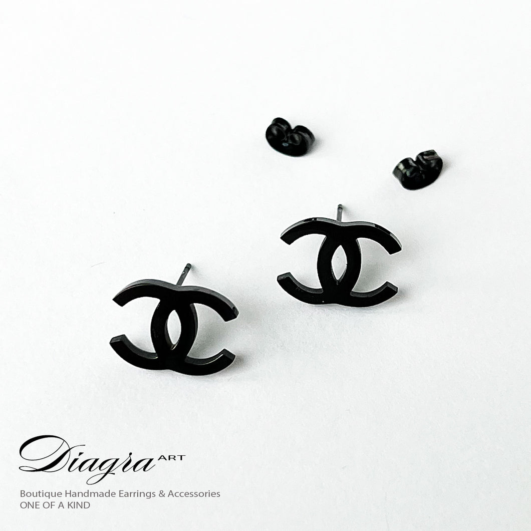 Chanel black earrings goldtone Diagra Art 060712