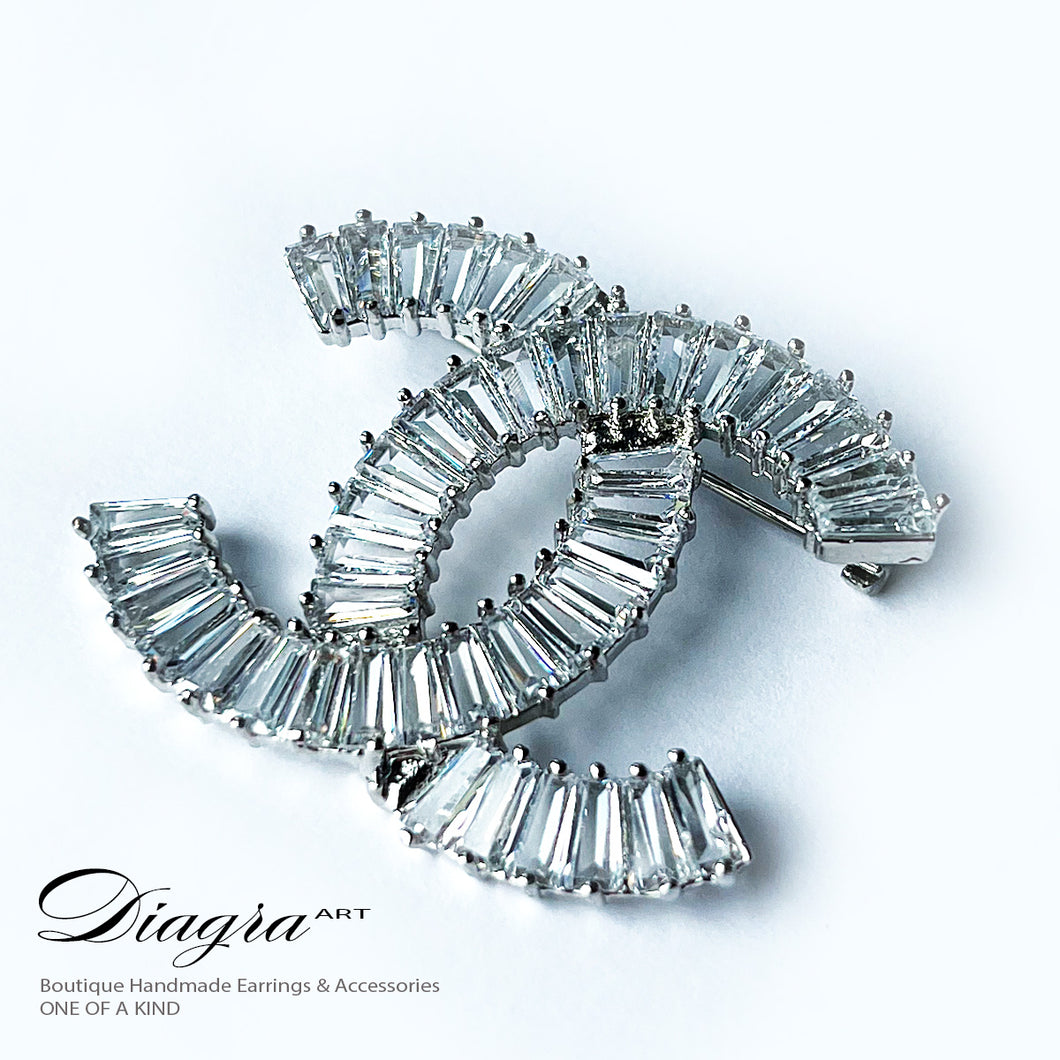 Handmade silver tone brooch encrusted with crystals Diagra art 070602
