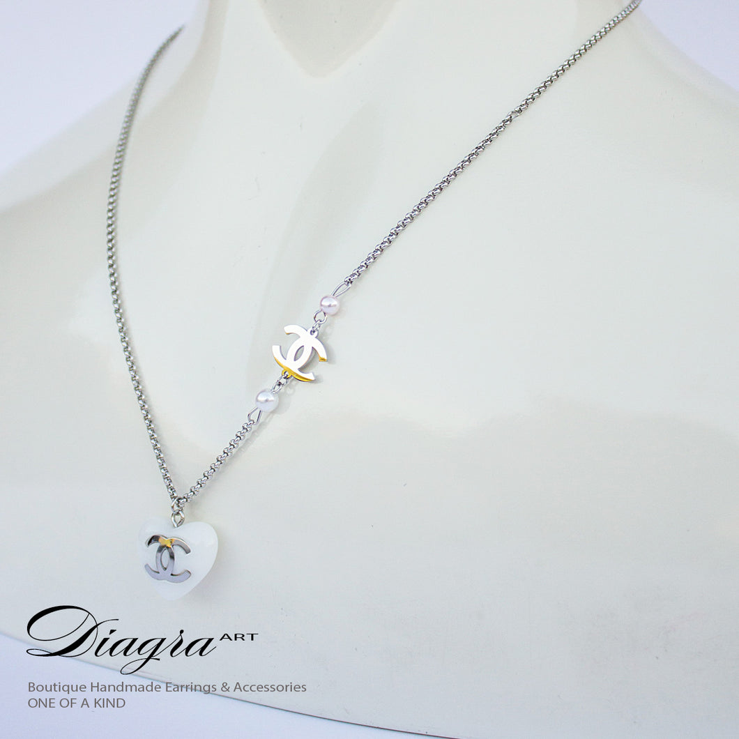 Chanel necklace CC silver tone handmade daigra art 130901