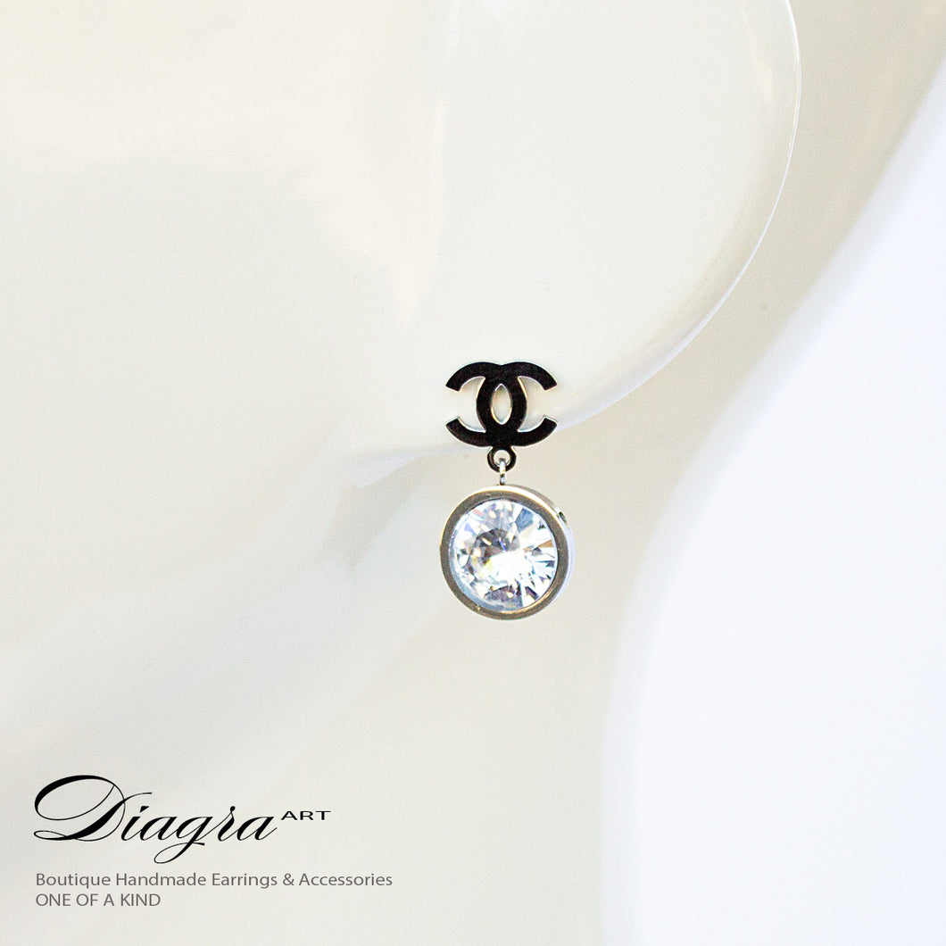 Chanel Dangle silver tone earrings faux swarovski handmade 14092201