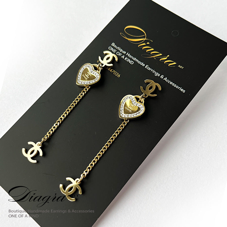 Chanel Dangle gold tone hearth cc earrings handmade 0303231