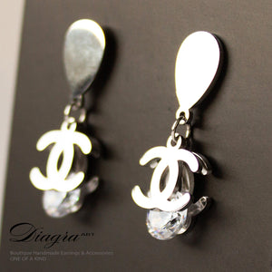 Chanel earrings silvertone handmade designer inspired Diagra Art 161201 back