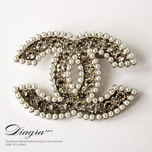 Load image into Gallery viewer, CC Brooch faux pearl silvertone handmade diagra art 13116 11