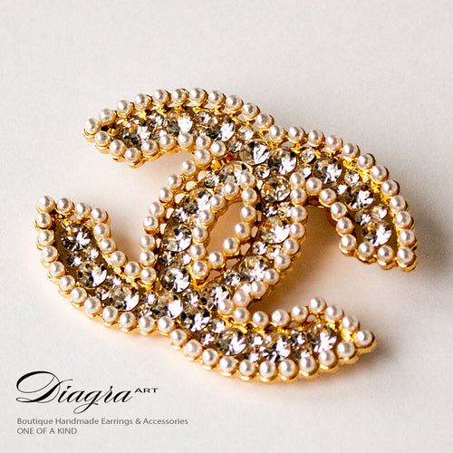 CC Brooch faux pearl goldtone handmade diagra art 13117