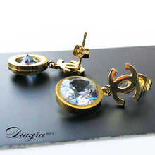 Load image into Gallery viewer, Dangle goldtone earrings faux swarovski handmade 280530