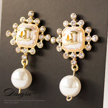 Load image into Gallery viewer, Chanel earrings goldtone faux pearl and crystal handmade designer inspired 161213 back