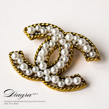 Load image into Gallery viewer, CC Brooch faux pearl goldtone handmade diagra art 13118