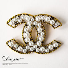 Load image into Gallery viewer, CC Brooch faux pearl goldtone handmade diagra art 13118 1
