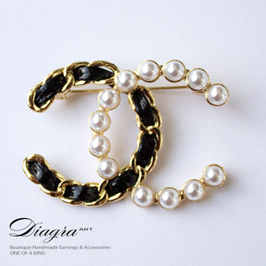Handmade brooch faux pearl and leather goldtone Diagra art 0805232 2