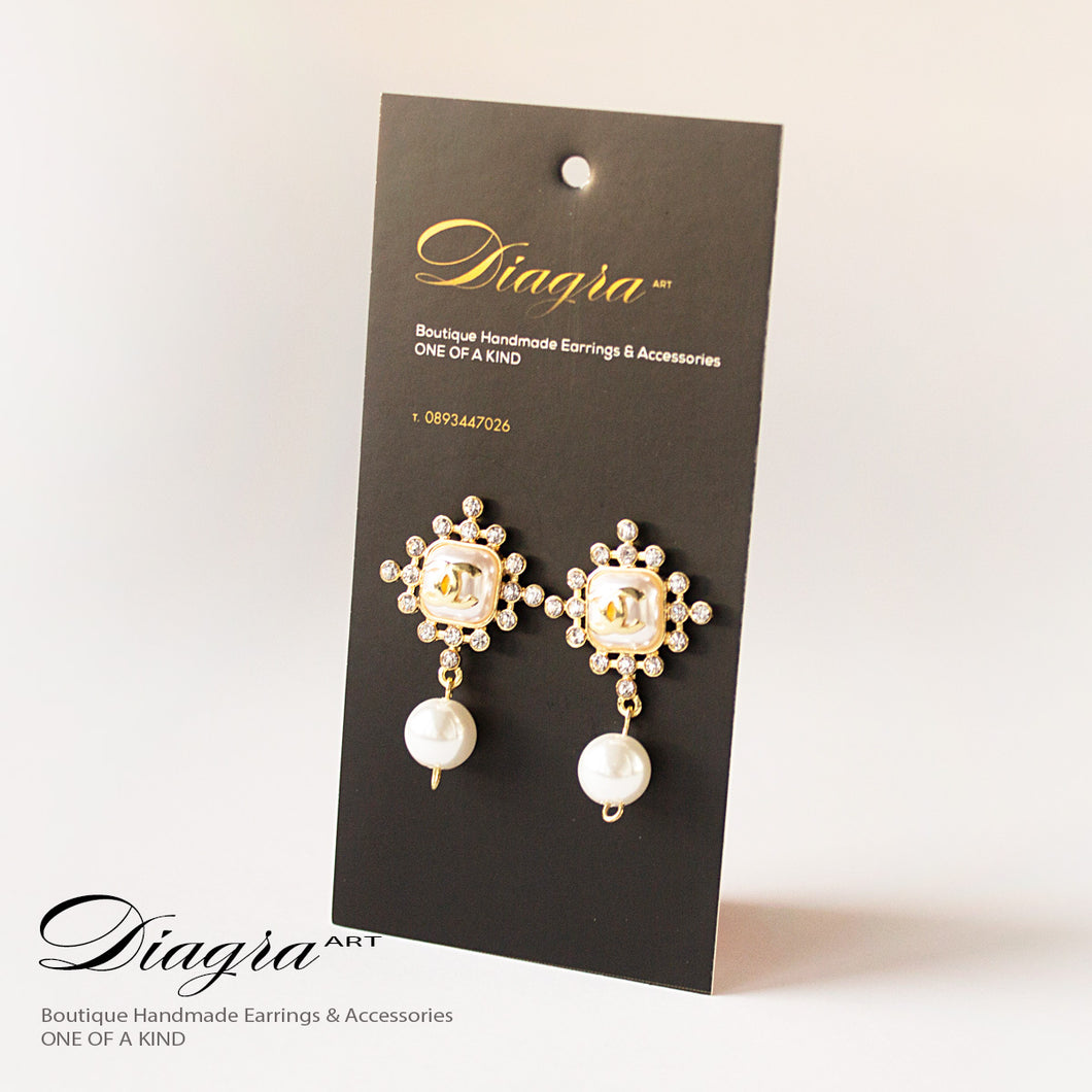 Chanel earrings goldtone faux pearl and crystal handmade designer inspired 161213