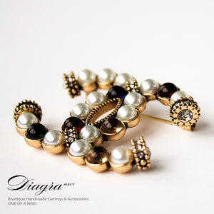 CC Brooch faux pearl and crystal bronzetone handmade 13120 1