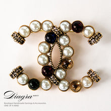 Load image into Gallery viewer, CC Brooch faux pearl and crystal bronzetone handmade 13120 2