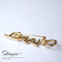 Load image into Gallery viewer, Handmade brooch faux crystal goldtone Diagra art 0805235 back