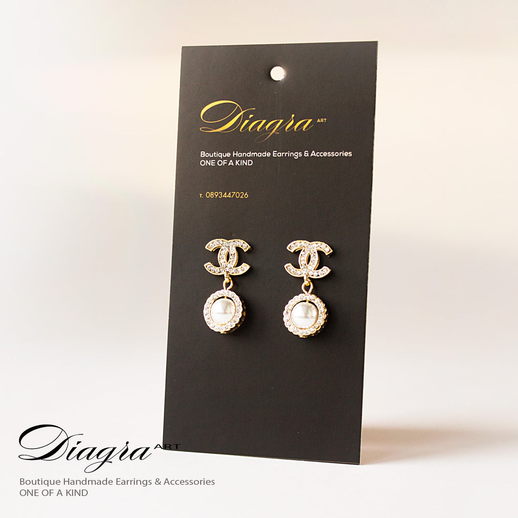 Chanel earrings goldtone faux pearl and crystal handmade designer inspired 161216