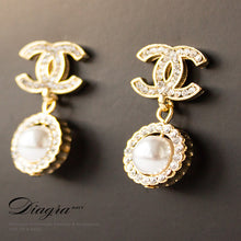 Load image into Gallery viewer, Chanel earrings goldtone faux pearl and crystal handmade designer inspired 161216 back