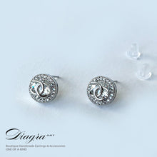Load image into Gallery viewer, Handmade cc silver tone earrings encrusted with swarovski Diagra Art 230202