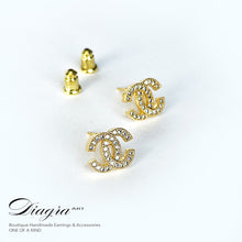 Load image into Gallery viewer, CC Earrings gold tone encrusted with swarovski Diagra Art 230203