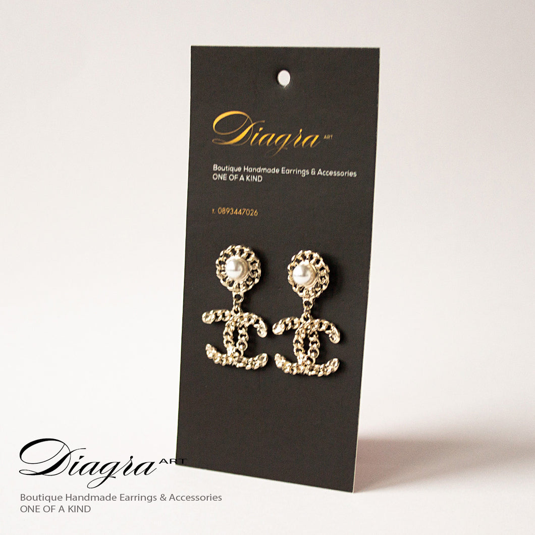 Chanel Earrings faux pearl bronzetone designer inspired 161244