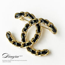 Load image into Gallery viewer, Chanel brooch gold tone leather Diagra art 230124
