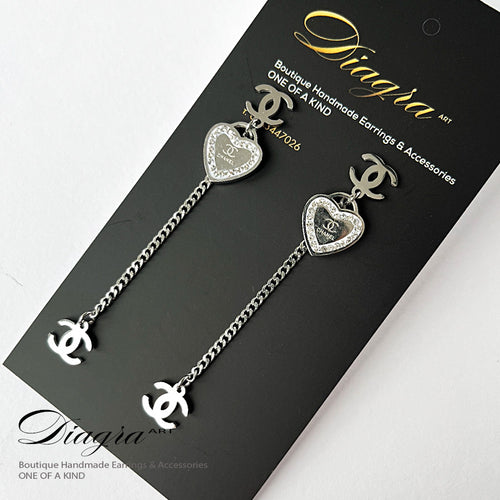 Dangle silver tone hearth cc earrings handmade 0303232