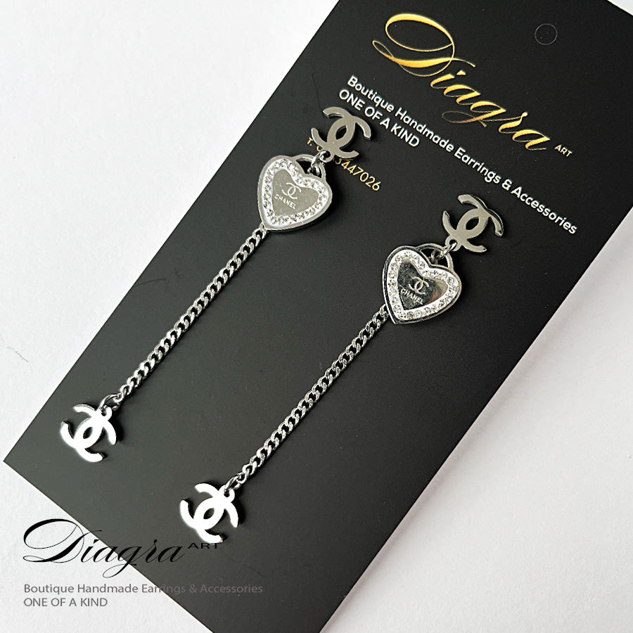 Dangle silver tone hearth cc earrings handmade 0303232