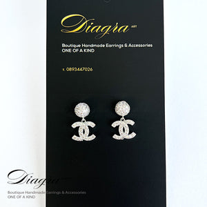 Dangle cc earrings encrusted with swarovski silver tone handmade 2402231