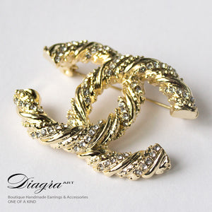 CC Brooch goldtone faux crystal handmade diagra art 13145