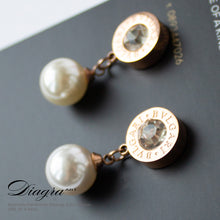 Load image into Gallery viewer, Dangle pearl earrings faux crystal rose gold 1005228 2