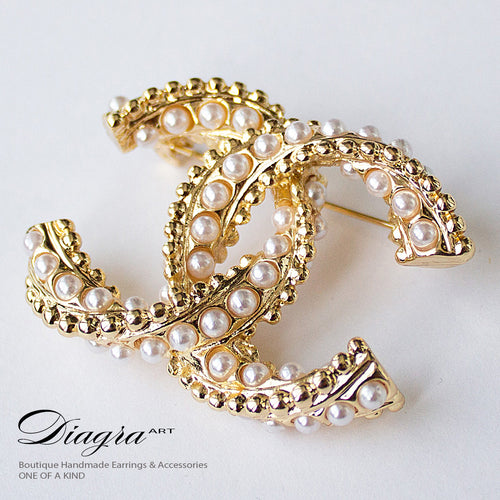 Goldtone faux pearl brooch handmade Diagra art 0805223 1