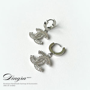 Chanel dangle earrings silver tone cc handmade 240123