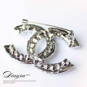Silvertone faux pearl and crystal brooch handmade Diagra art 0805224 2