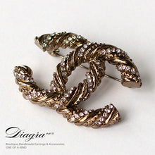 Load image into Gallery viewer, Bronzetone crystal brooch handmade Diagra art 211026