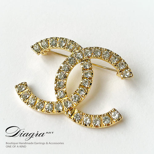Chanel brooch handmade gold tone encrusted with crystal Diagra art 230129