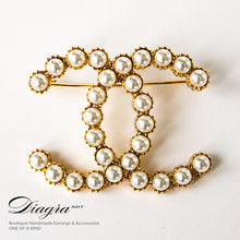 Load image into Gallery viewer, CC Brooch goldtone faux pearl handmade diagra art 13111 1