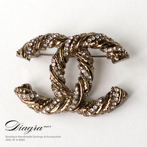 Bronzetone crystal brooch handmade Diagra art 211026