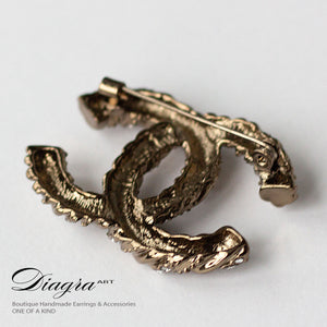 Bronzetone crystal brooch handmade Diagra art 211026
