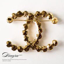 Load image into Gallery viewer, CC Brooch goldtone faux pearl handmade diagra art 13111 2