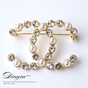 Handmade goldtone brooch faux pearl and crystal Diagra art 0805225 2