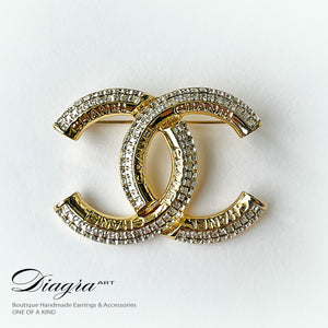 Handmade gold tone brooch encrusted with crystal Diagra art 230130 2