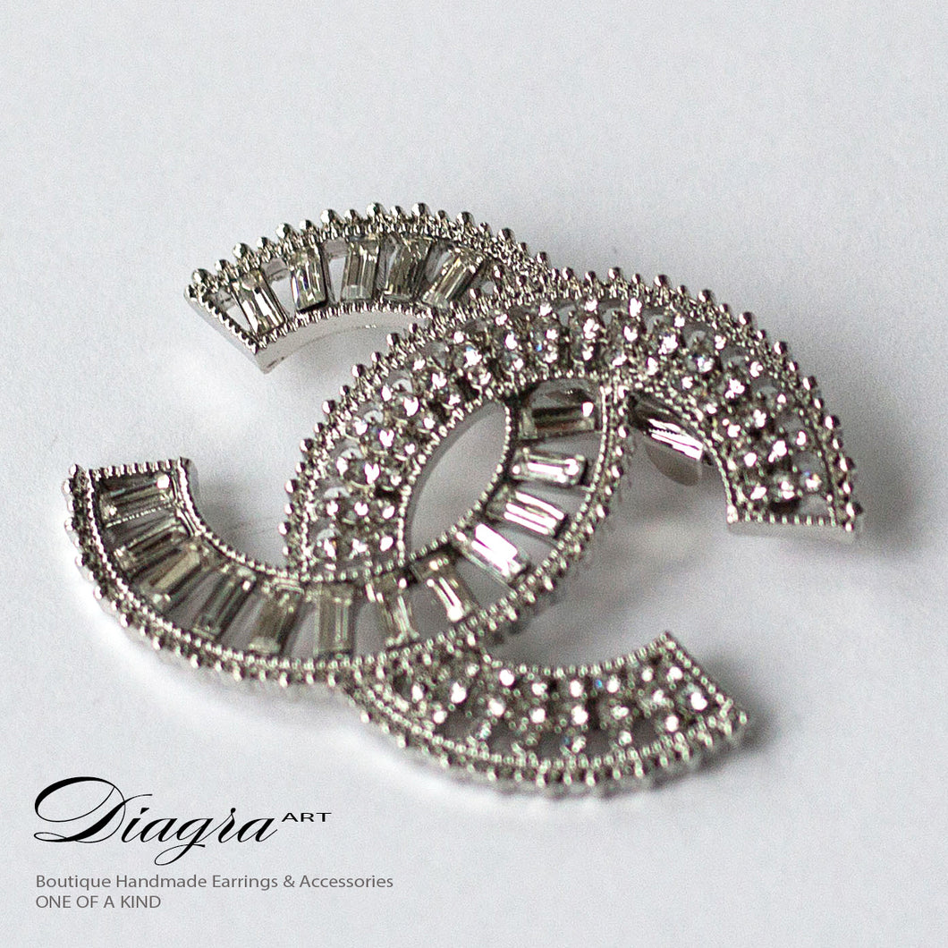 Silvertone crystal chanel brooch handmade Diagra art 211029