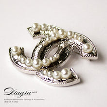Load image into Gallery viewer, CC Brooch silvertone faux pearl handmade diagra art 13113