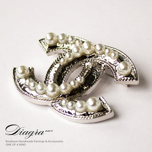 CC Brooch silvertone faux pearl handmade diagra art 13113