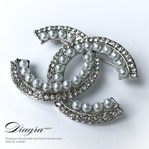Silvertone faux pearl and crystal brooch handmade Diagra art 0805224