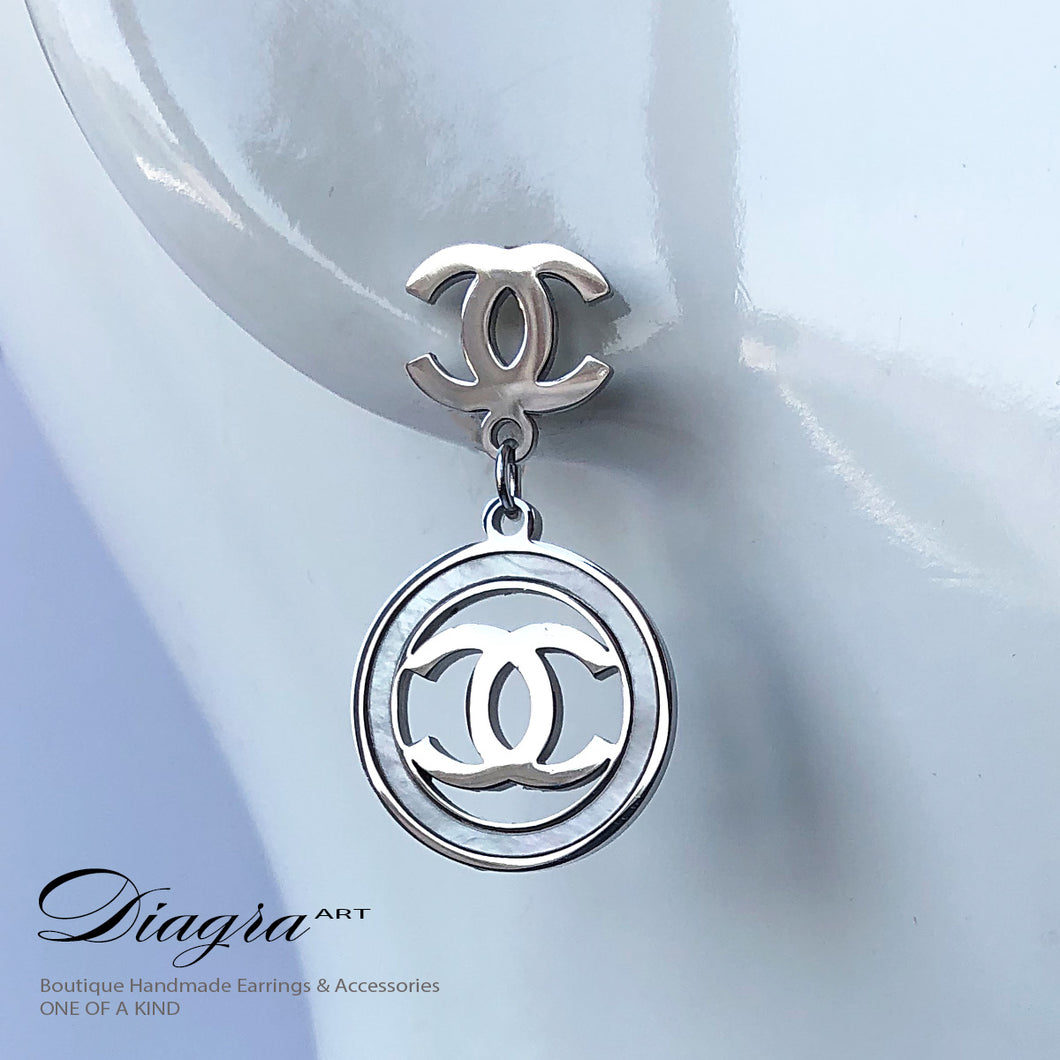 Chanel Dangle silvertone earrings faux white opal handmade 2907227