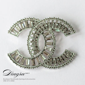Silvertone crystal chanel brooch handmade Diagra art 211029 1