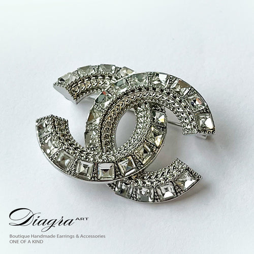 Chanel Brooch Handmade silver tone encrusted with crystal Diagra art 230131
