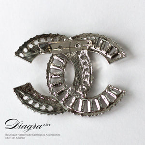 Silvertone crystal chanel brooch handmade Diagra art 211029 back