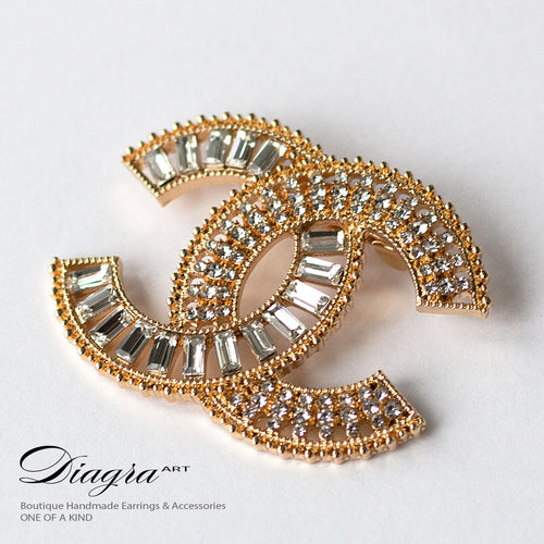 Goldtone crystal chanel brooch handmade Diagra art 211030