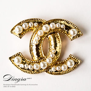 CC Brooch goldtone faux pearl handmade diagra art 13114 1