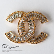 Load image into Gallery viewer, Goldtone crystal chanel brooch handmade Diagra art 211030 front